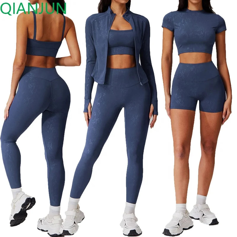 Custom Sport Gym 5pcs Sports Yoga Suit for Women Fitness Training Yoga Set With Zipper Yoga Long Sleeve Leggings Gym Activewear