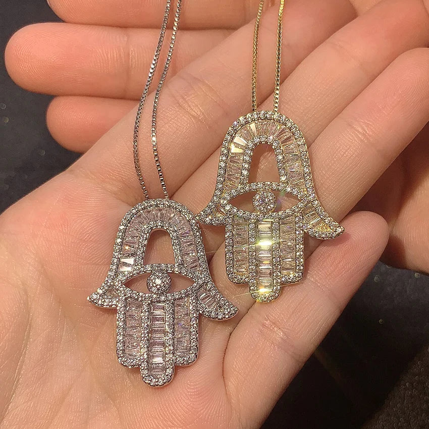 FOXI Jewelry  Hamsa Hand Charm Gold Plated Cz Diamond Iced Out  Chain Hamsa Hand Pendants Necklaces Women Jewelry
