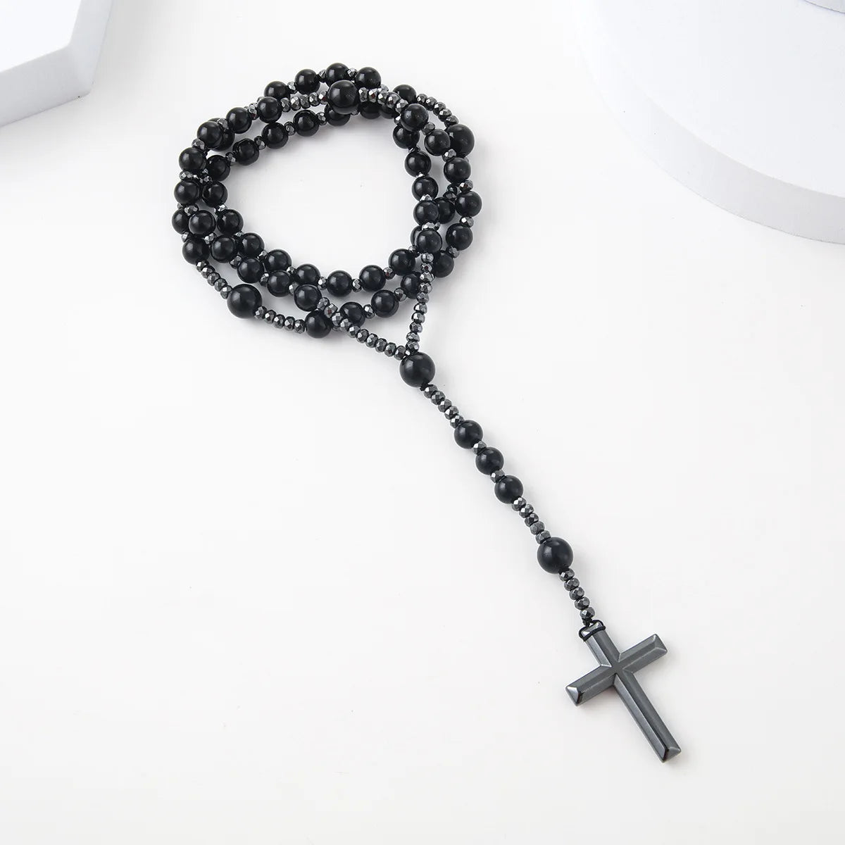 Hot Selling Black Pendant Cross Religious Jewelry Natural Stone Rosary Necklace Black Hematite Black Rosary Bead Cross Necklace