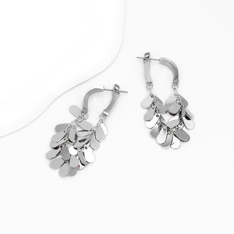 Minimalist Styles Small Tassel Stainless Steel Earrings Long 18 k Drop Earrings Round Leaf Stainless Steel Earrings for Women