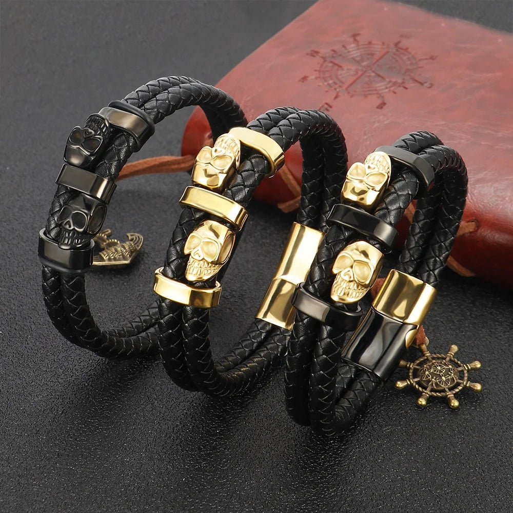 New Fashion Charm Skull Black Men's Magnetic Bracelet Custom Leather Bracelet for Men