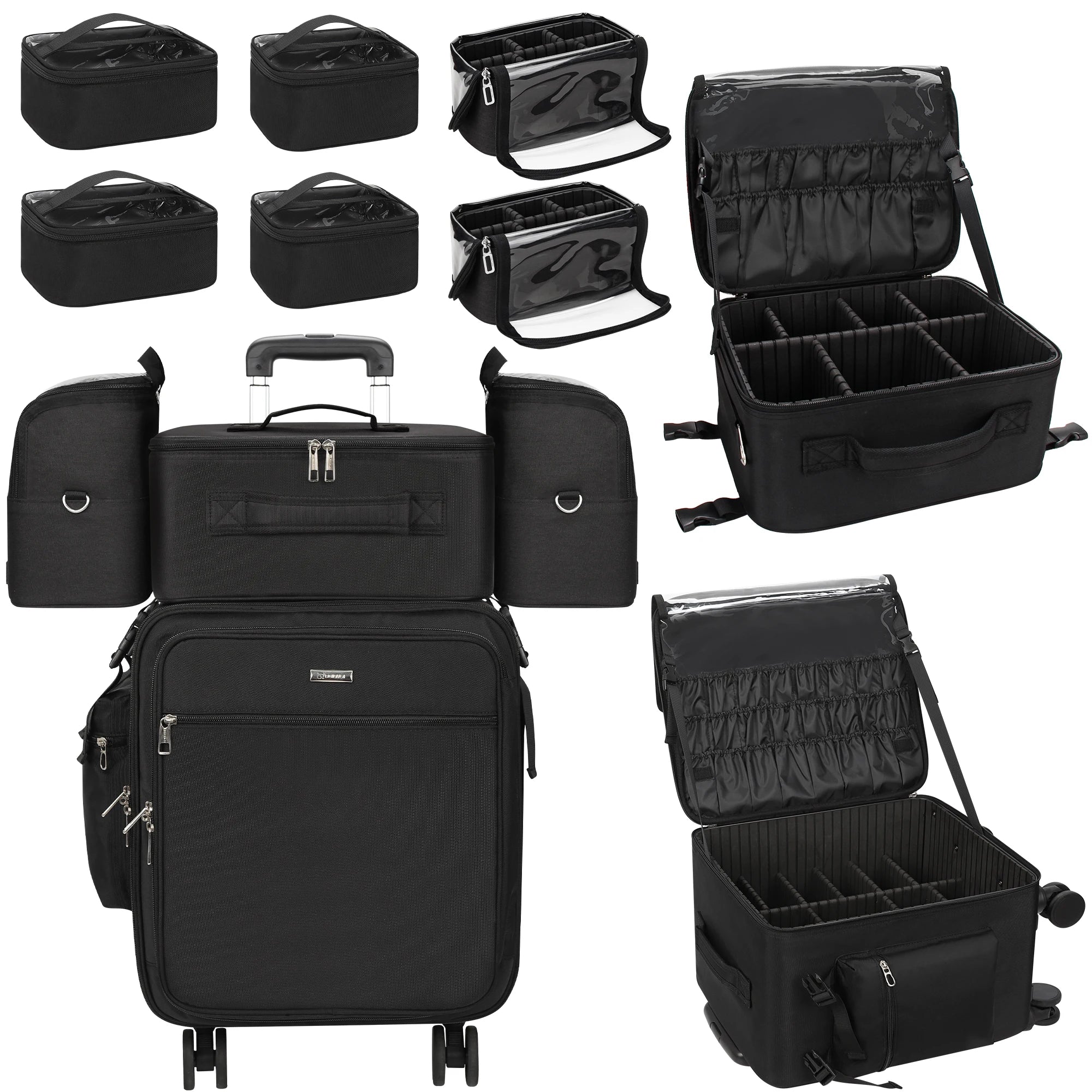 Relavel Rolling Makeup Bag Custom Large Makeup Cosmetic 4 in 1 Trolley Case Black Makeup Cases Train Professional with Wheels