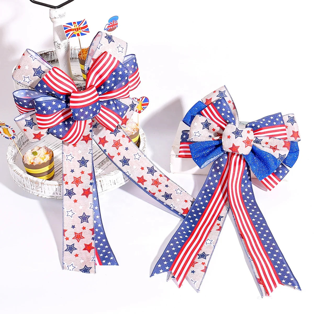 US Independence Day Decoration Props Holiday Flag Star Stripes Hanging Ornaments USA Bow Ribbon Fabric 50x22x4cm