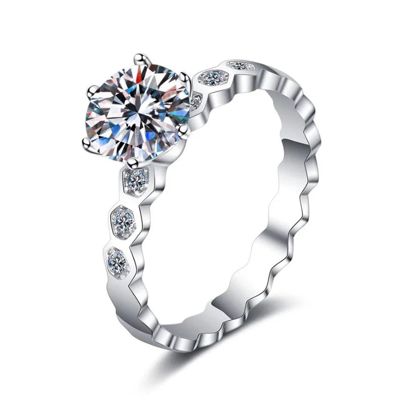 Women's 925 Silver Moissanite Ring with Channel Setting Geometric Honeycomb Design for Wedding Engagement