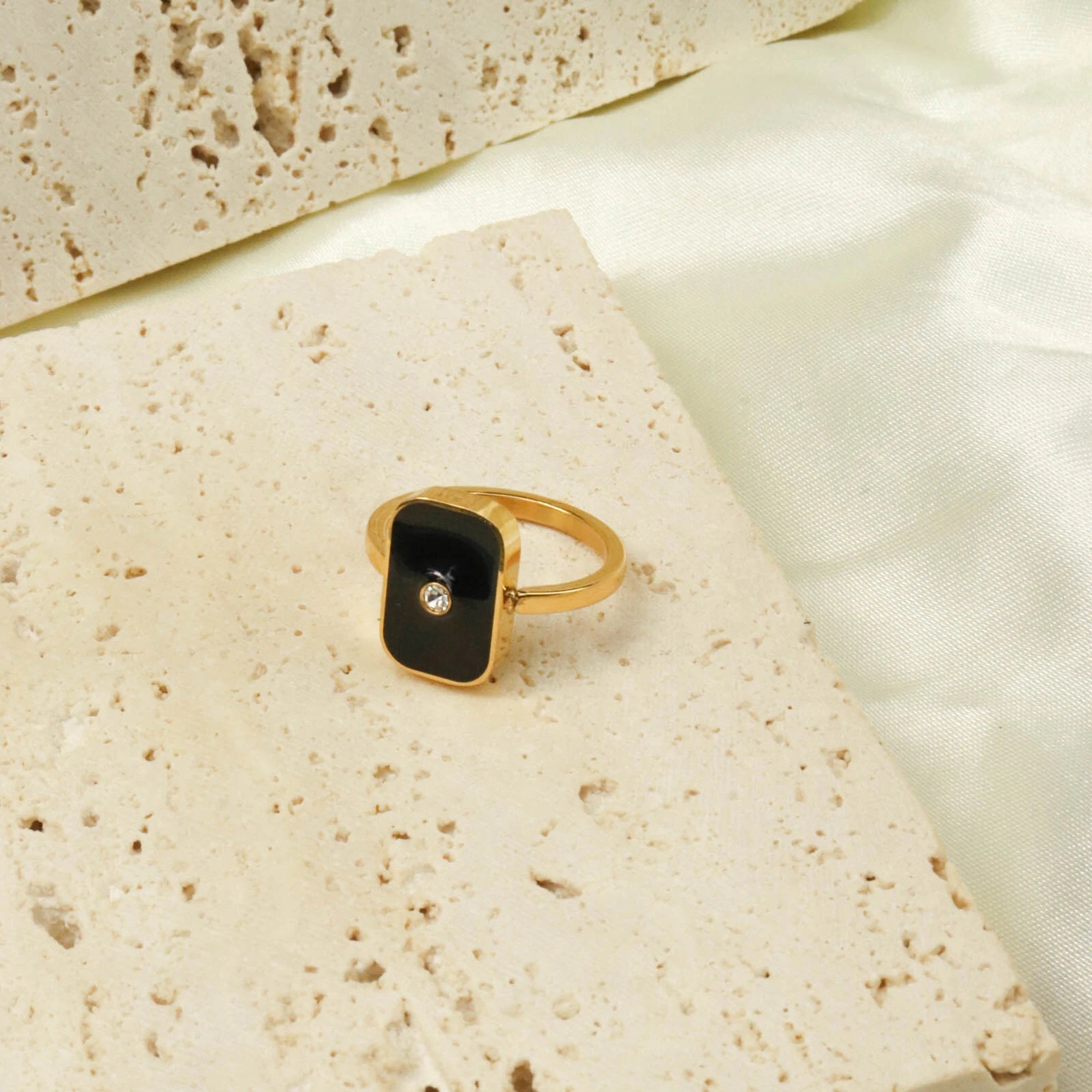 Chris April in Stock Dainty Jewelry PVD Gold Plated 316L Stainless Steel Black Enamel Ring  with Zircon