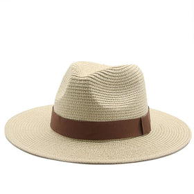 MIO Natural Panama Straw Hat Wholesale Plain Wide Brim Custom Belt Accept Beach Hats Sun Protect Straw Hat Men Women Unisex Cap