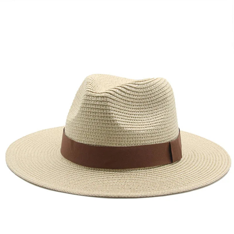 MIO Natural Panama Straw Hat Wholesale Plain Wide Brim Custom Belt Accept Beach Hats Sun Protect Straw Hat Men Women Unisex Cap