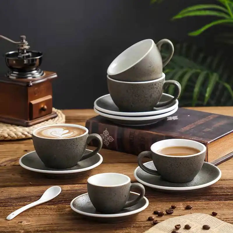 Custom Logo American Style Art Ceramic Coffee Cups with Saucer 250ml Latte Cappuccino Tea Cup Set