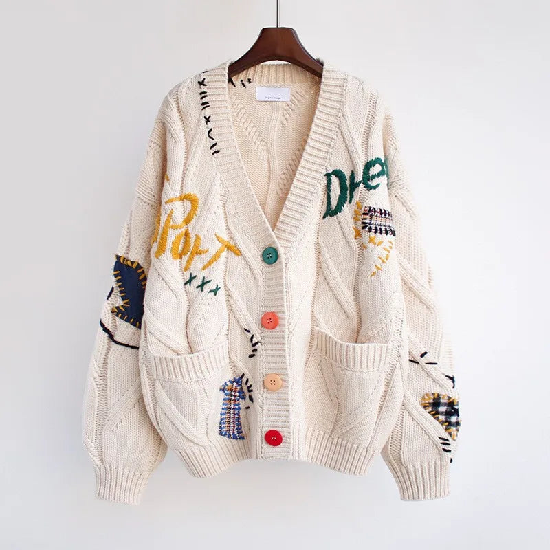 One Size Fashion Lazy Embroidery Sweater Women's Autumn and Winter Letter Loose Knit Shirt Outerwear Cardigan