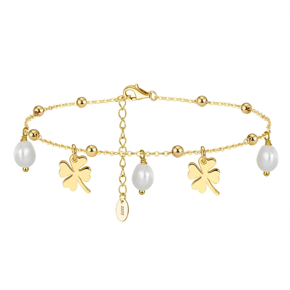 RINNTIN SA54 Summer New Foot Chain Adjustable 925 Sterling Silver 14K Gold Four Leaf Clover Freshwater Pearl Anklets