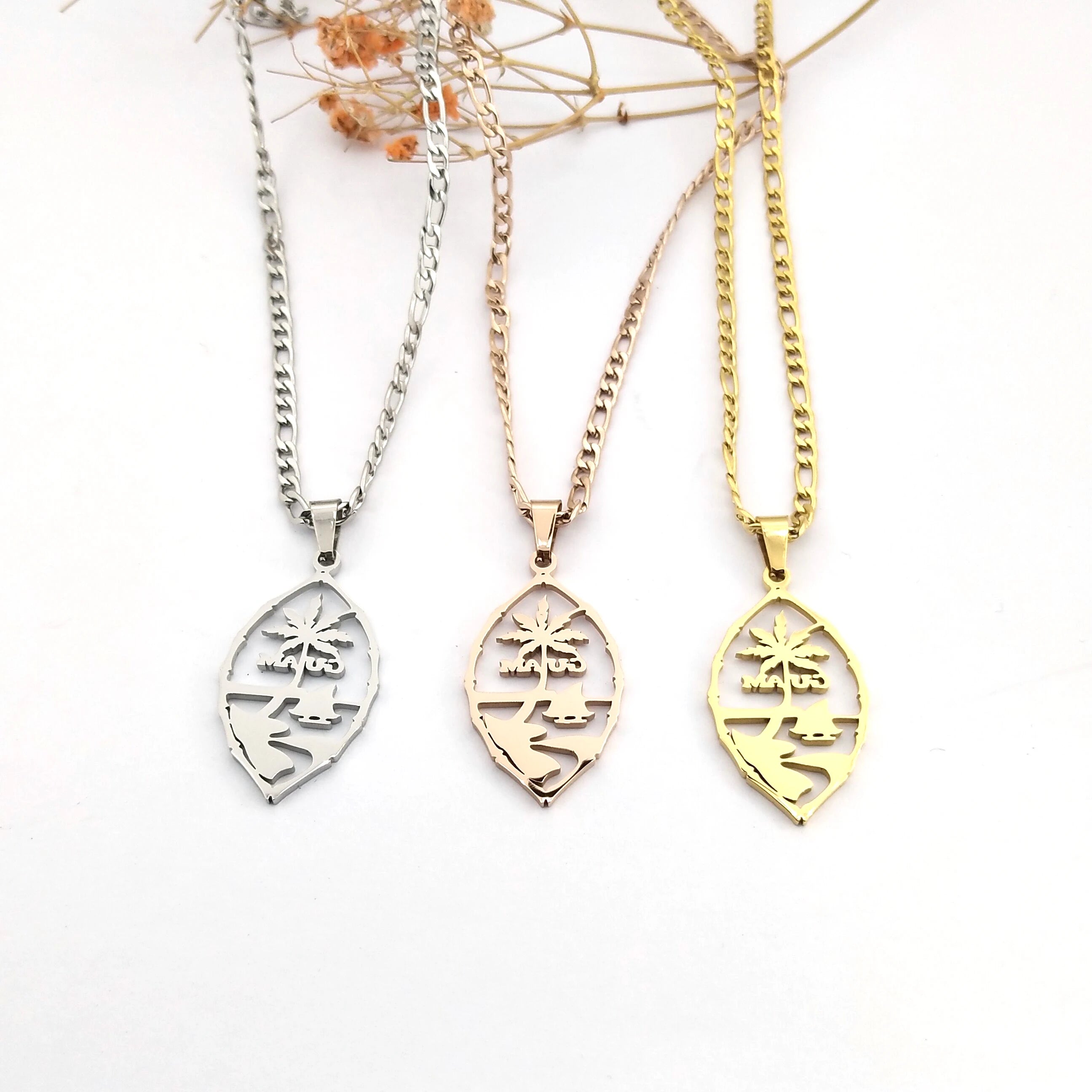Wholesale Stainless Steel Coconut Palm Guam Pendant Necklace for Women in Silver Gold TI Jewelry