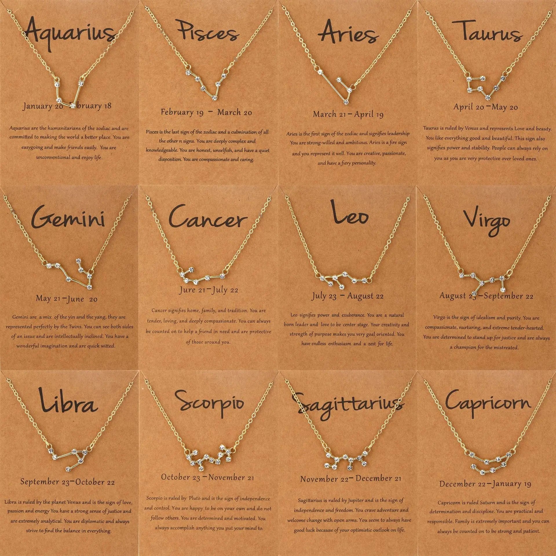 Dainty Silver Gold Plated Crystal Zircon Astrology Horoscope Pendant 12 Zodiac Sign Necklace Jewelry for Women