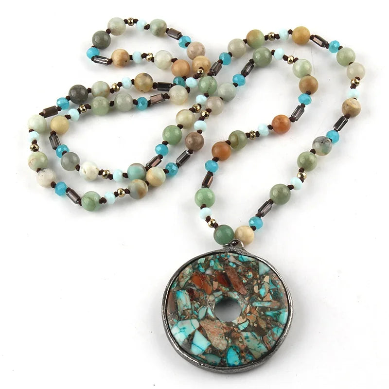 Fashion Bohemian Custom Jewelry Necklace Hematite Mixcolor Amazonite Green Zoisite Beaded Stone Knotted Round Pendant Necklaces