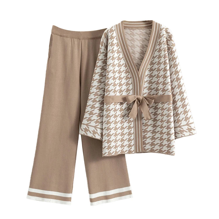 Spring and Autumn Plaid Knit Set Casual Loose Knit Cardigan and Trousers Set Knitted Two Piece Set for Women