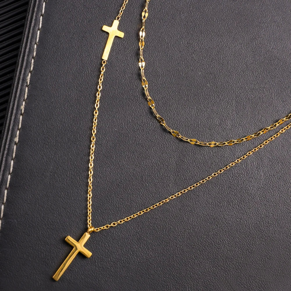 18k Gold Plated Stainless Steel Cross Pendant Necklace Jewelry Double Layer Cross Choker Necklace for Women