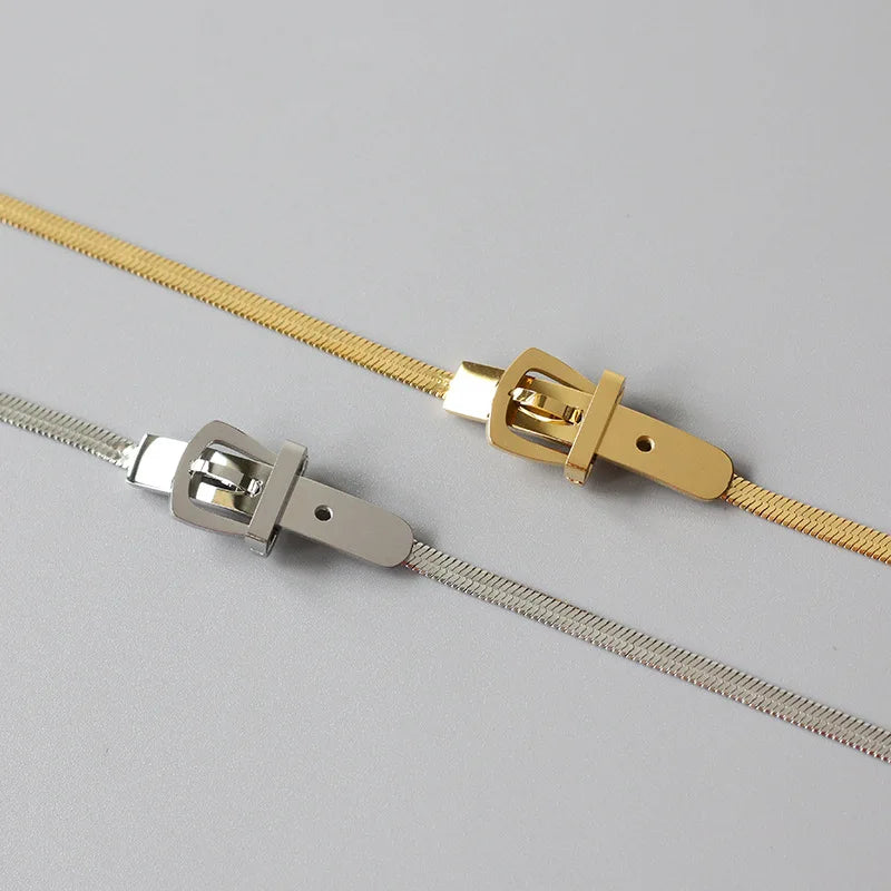 Punk Girls Women Jewelry 18k Gold Plated Stainless Steel Belt Buckle Hook Shape Choker Necklace
