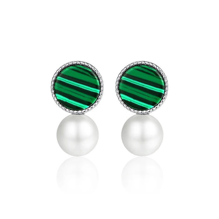 Fine Pearl Jewelry 925 Sterling Silver Women Round Malachite Freshwater Pearl Stud Earrings