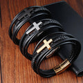 New Fashion Wholesale Men's Stainless Steel Classic Crystal Rhinestone Gold Plated Leather Strand Cross Charm Magnetic Bracelet