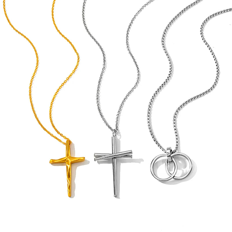 Trendy Double Ring Crucifix Necklace Fine Stainless Steel Necklaces for Men and Women Perfect Fashion Accessory for Parties