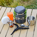 Premium Aluminum 8pcs Camping Cook Set With Mini Stove Stainless Steel Cup Spork and Tank Blanket Light Compact & Heat-Resistant