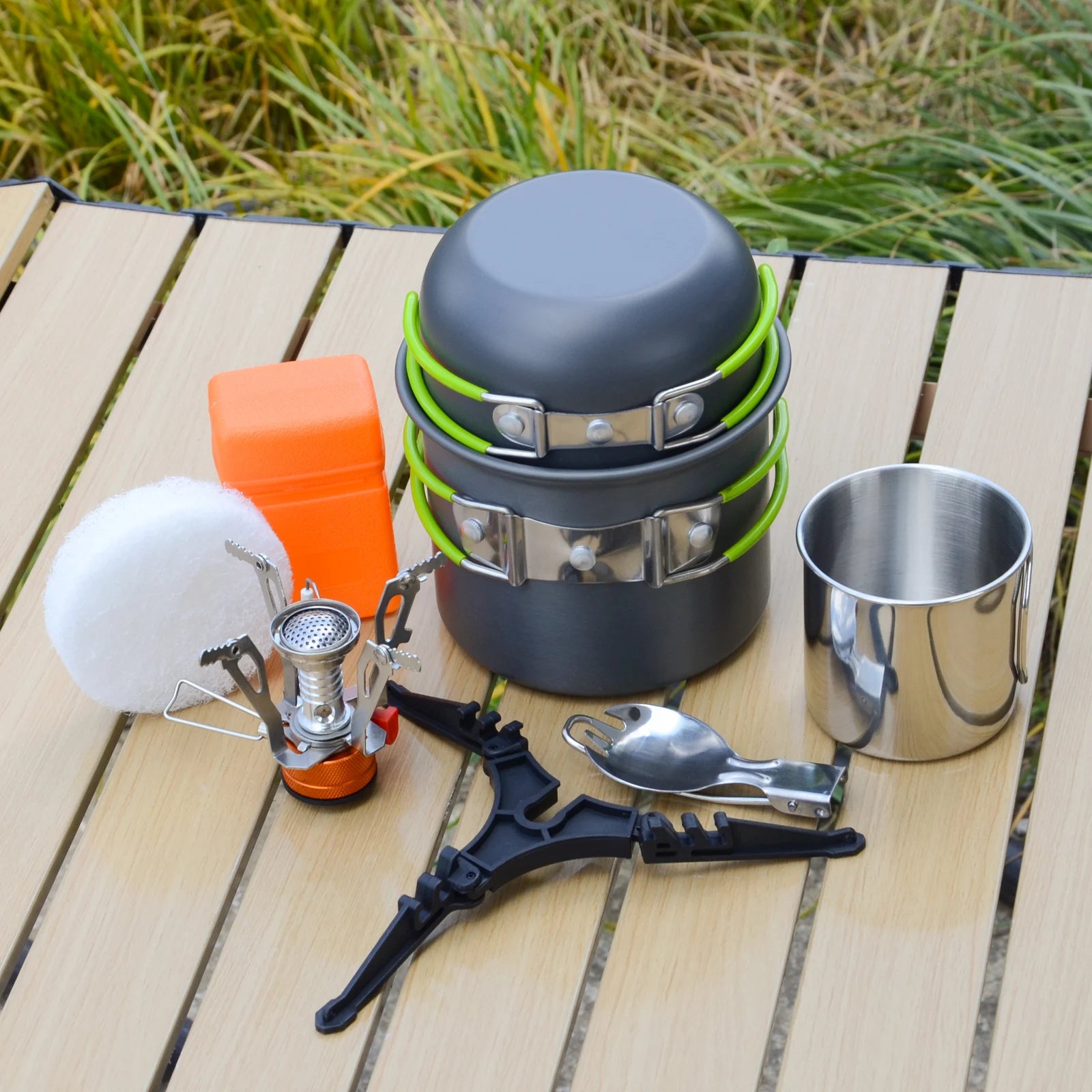 Premium Aluminum 8pcs Camping Cook Set With Mini Stove Stainless Steel Cup Spork and Tank Blanket Light Compact & Heat-Resistant