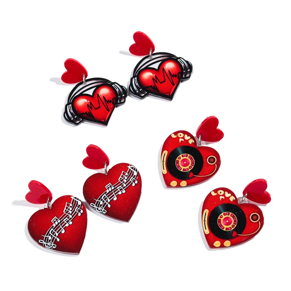 2025 New Trend Red Music Heart Shape Earrings Hip Hop Valentine Day Acrylic Earrings for Women