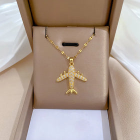 Light Luxury Titanium Steel Full Diamond Plane Pendant Necklace Choker for Women Titanium Steel Jewelry Charm