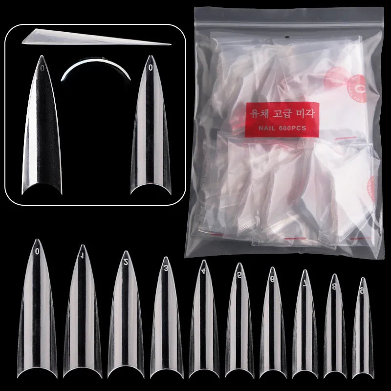 500pc/BAG Pointy Stiletto Nail Tips Clear/Natural False  Manicure Acrylic Gel Diy Salon Suppliers Extra-Long Fingernail TD42