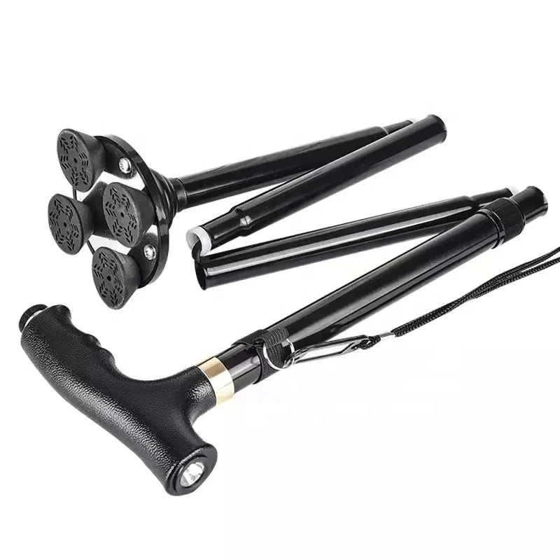 Multi-Function Walking Stick the Elderly Folding Cane With LED Lights Large Base Crutches Non-Slip and Stable