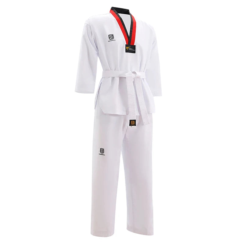 PUREGENERAL Custom Youth Kids Taekwondo Dobok Striped Fabric Uniform with Red Black Collar Martial Arts Equipment
