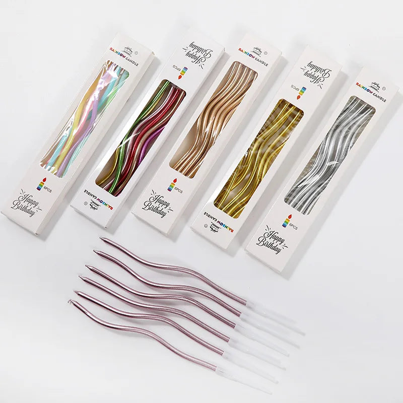 6pcs/set Hot Selling Beautiful Colorful Rainbow Curly Coil Tall Happy Birthday Cake Lucky Candles Gold-plated Curve Candle