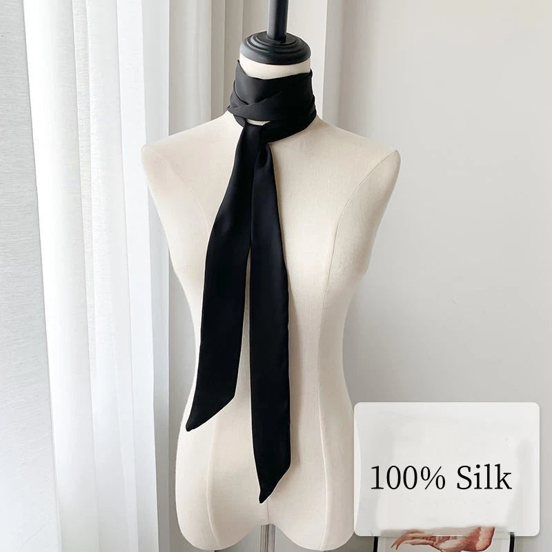 MIO Customized 100% Mulberry Silk Satin 16mm Thin Long Skinny Neck Scarves Solid Plain Color Ties Ribbon for Bags and Hat Girls