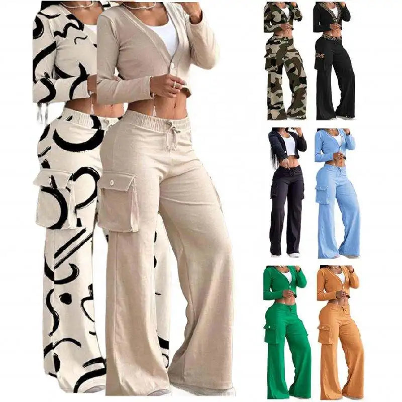 Custom LOGO Loungewear Women Set Two Pieces Tracksuit Women Patchwork Wide Leg Pants Two Piece Set Casual Womenclothing