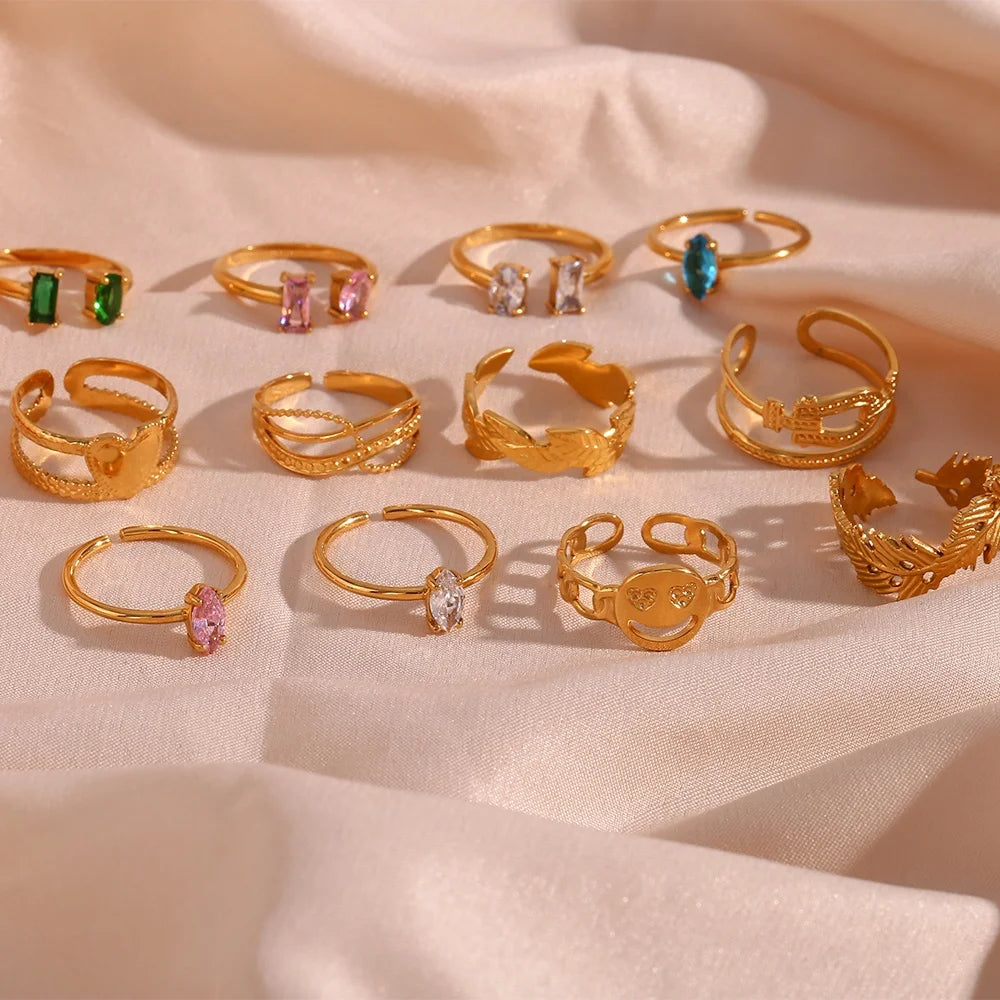 Dreamshow Elegant Zircon Adjustable Rings Set 18K Gold Plated Stainless Steel Rings Jewelry Women