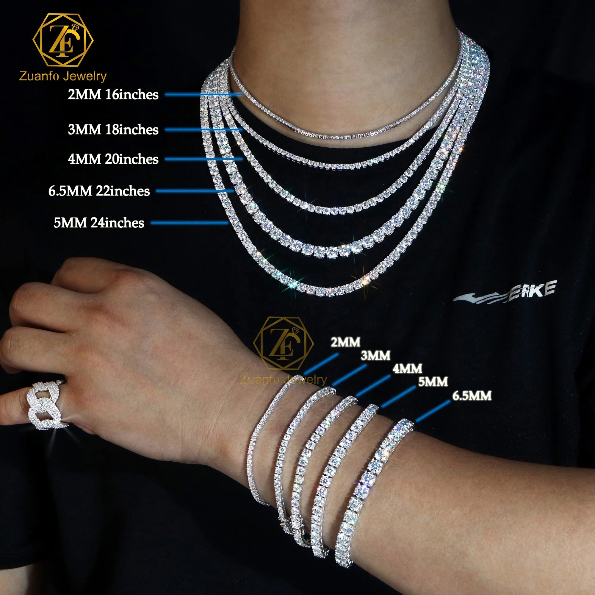 Wholesale 2 3 4 5 6.5 MM Hip Hop Fine Jewelry Necklace 925 Sterling Cluster Iced Out Moissanite Diamond Tennis Chain for Women
