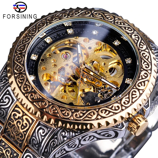 Forsining Classic Retro Mens Mechanical Automatic Wristwatch Luxury Steel Band Diamond Skeleton Dial Men Watches Clock Relogio