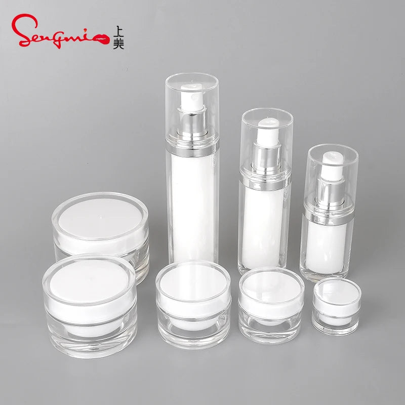 Luxury Cosmetic Cream Jar Set 5g/10g/15g/20g/30g/50g 15ml/30ml/50ml White Empty Acrylic Lotion Bottles PP Base Storage Container