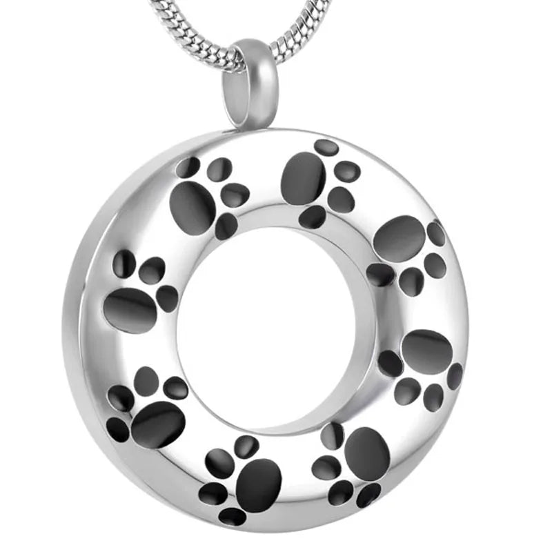 Paw Print Round Circle Cremation Urn Necklace Pendant Pet Dog Cat Ash Memorial Stainless Steel Keepsake Funeral Holder Urn