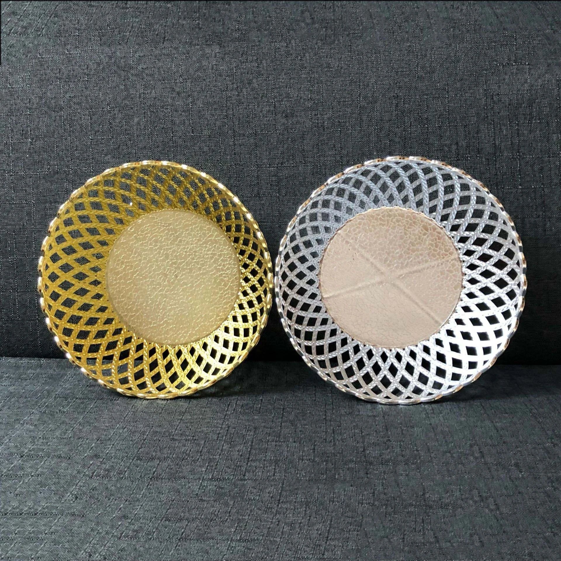 8" Gold Silver Round Subtlety Lightweight Compact Skeleton Lozenge Pattern Decorative Bowl Fruit Dish Tray Charger Plate
