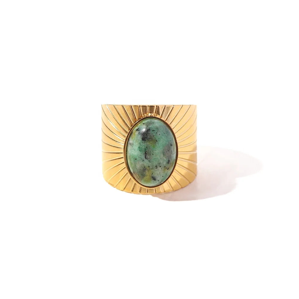 Wide Style Natural African Turquoise Sun 18K Gold Plated Stainless Steel Opening Rings Women