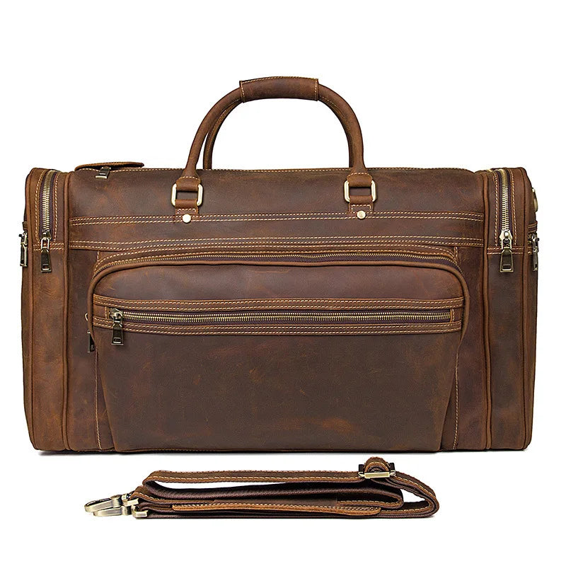 24 Inch Large Capacity Retro Real Holdall Overnight Weekender Duffle Bag Leather Travel Bag