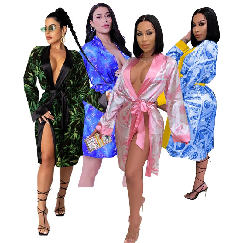 Custom Robes Women Sexy Money Print Robe Satin Silk Women Bath Robes Sleepwear Zodiac Sign