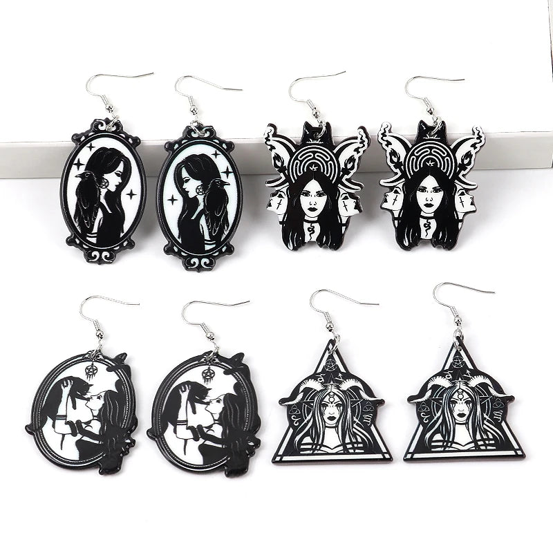 Gothic Dark Style Spooky Scary Kitty Pretty Women Special Black Figure Print Acrylic Drop Earrings for Women