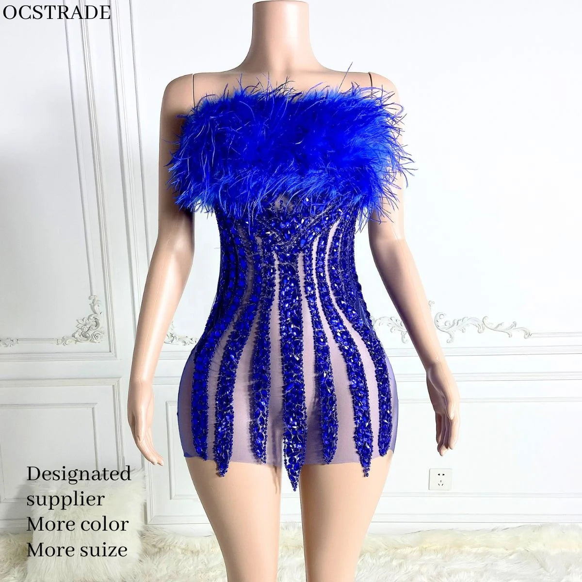 Ocstrade Off the Shoulder Glitter Full Body Rhinestone Blue Colour Club Dress Elegant Feather Birthday Dresses for Girls 21Th