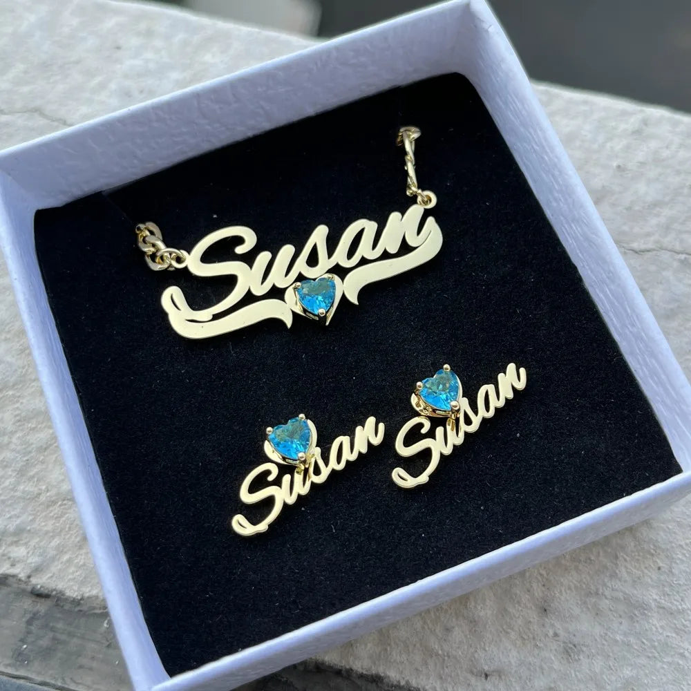QIUHAN ODM Heart Zircon Letter Nameplate Earring Jewelry Set Custom Birthstone Necklace