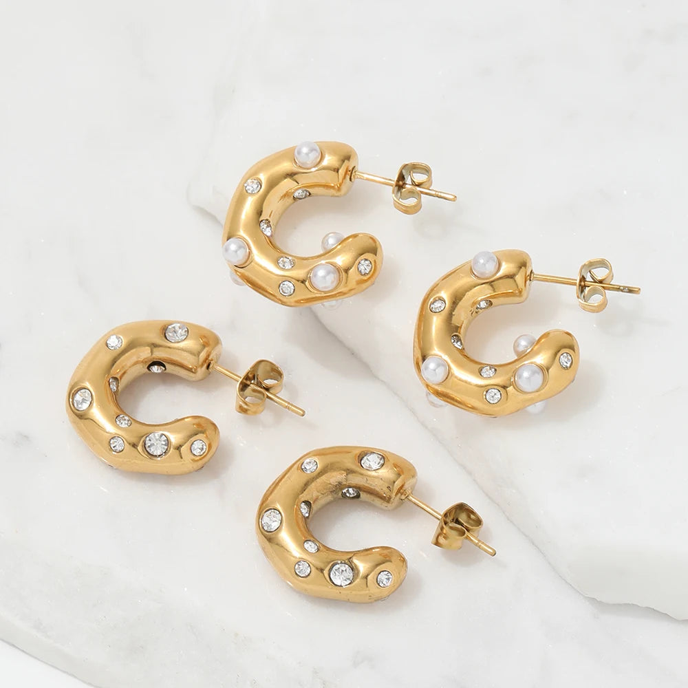 Joolim Jewelry Chunky Zircon Statement Designer Stainless Steel Hoop Earrings Trendy Gold Plated Waterproof Jewelry MegaBDM