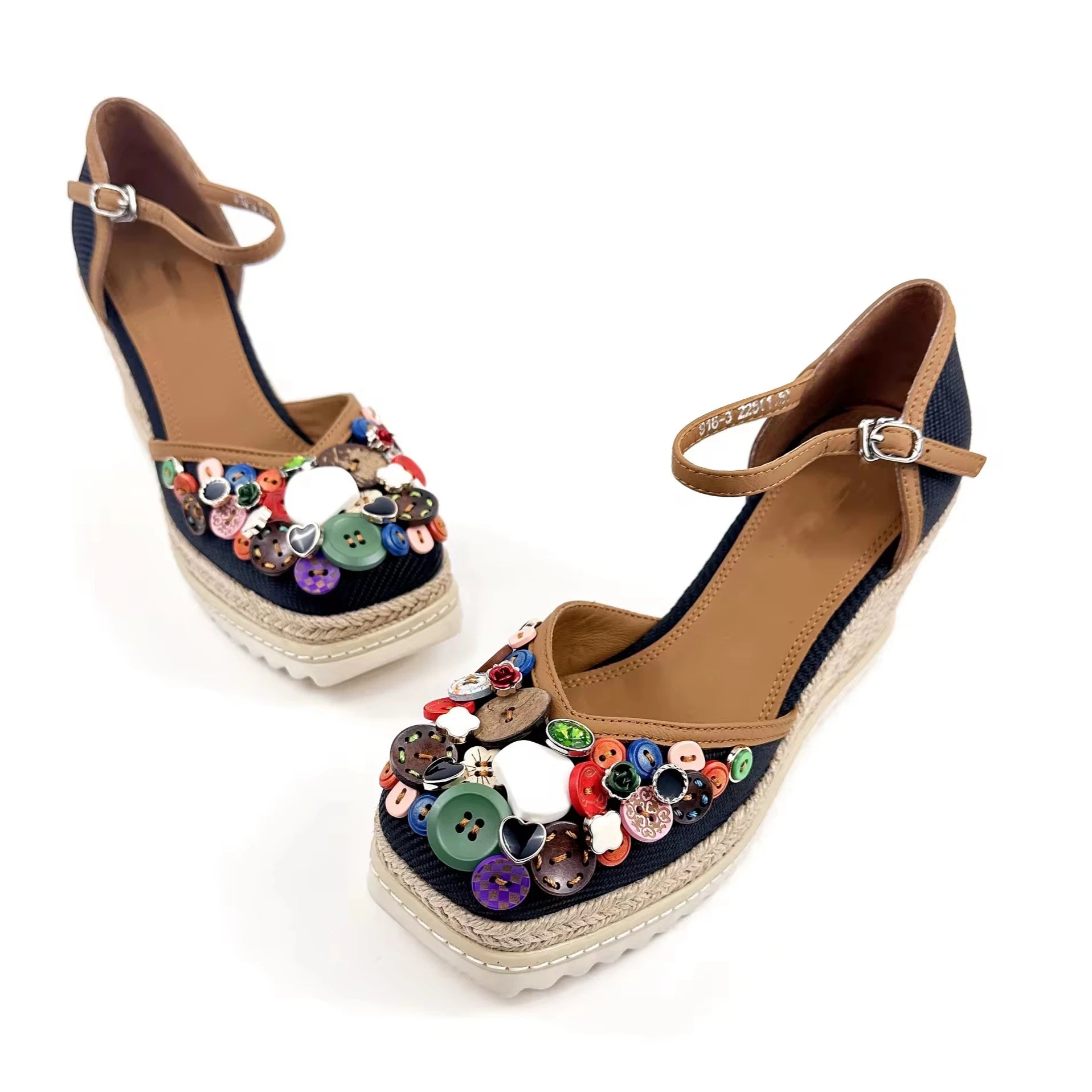 Women's High Heel Wedge Lace-up Outdoor Button-Decorated Open Toe Evergreen Anti-Slip Waterproof for Spring Autumn Seasons