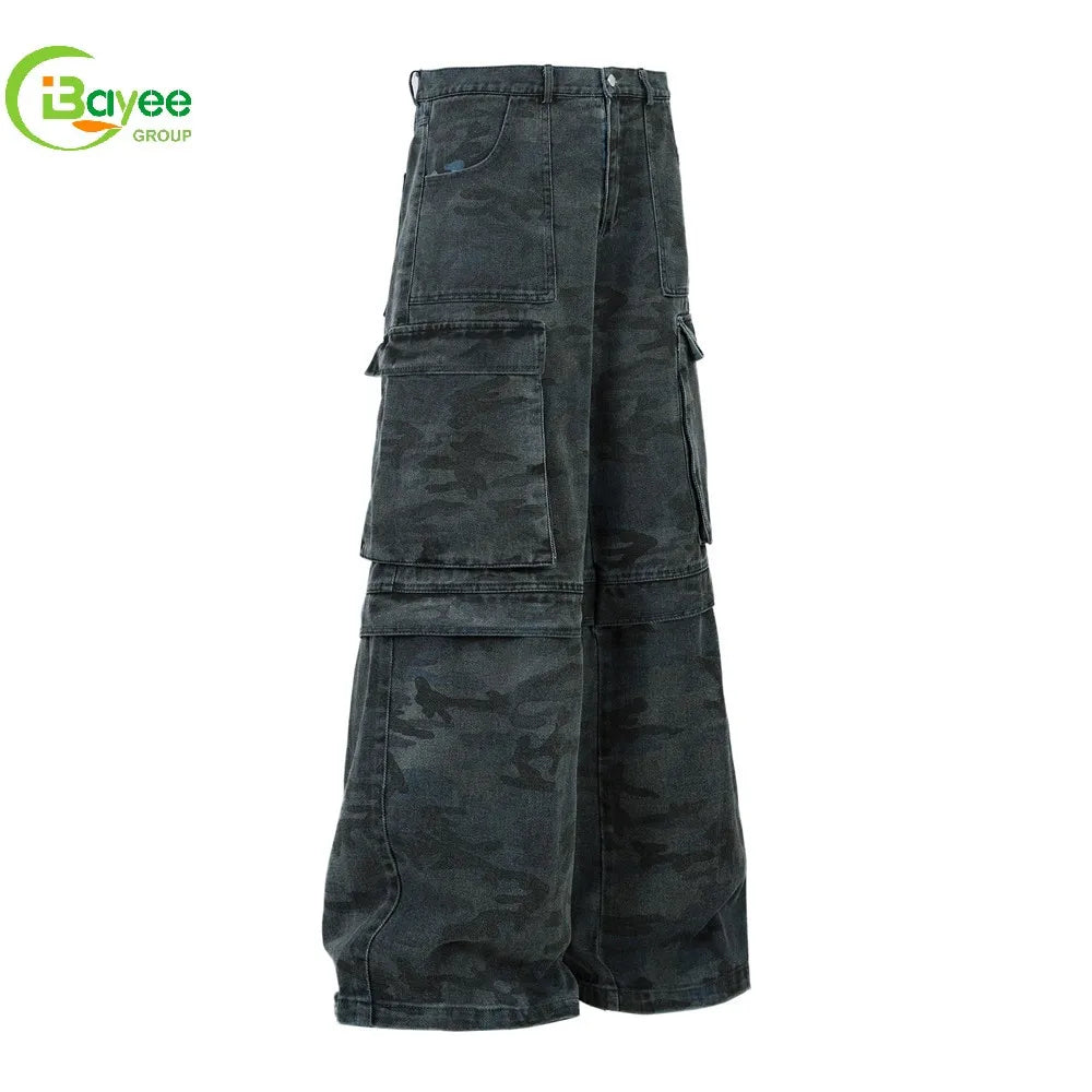 Custom New Premium Wide Leg Super Baggy Cargo Denim Jeans Manufacturer Street Stacked Big Pocket Camo Plus Size Men'S Jeans
