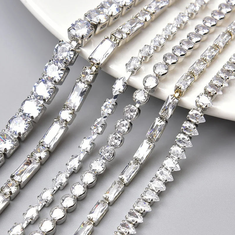 Super Shiny Rhinestone Trim Silver Base Zircon Teardrop Crystal Claw Metal Chain Diy Jewelry Clothing Shoes Nail Art Accessories