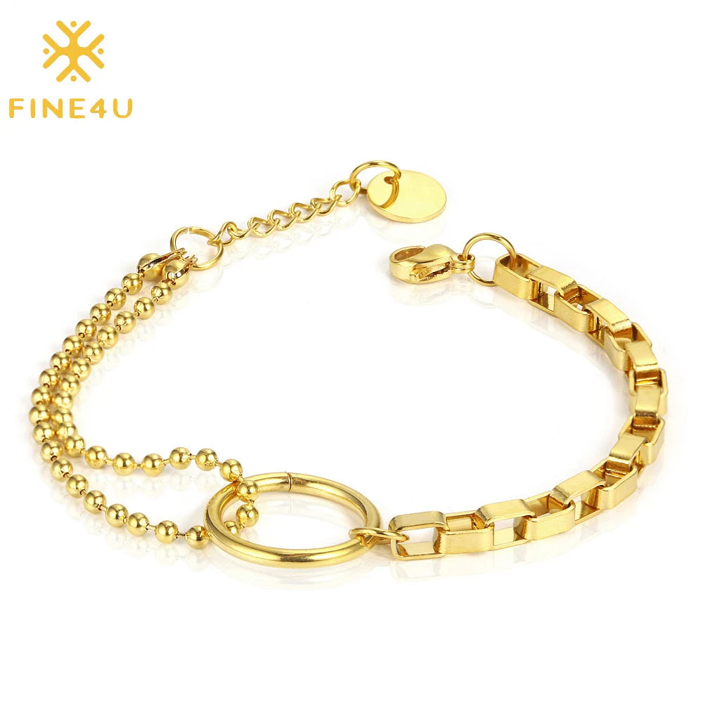 Simple Women Non Tarnish Fashion Jewelry 18K Gold Plated Stainless Steel Half Bead Half Box Chain Bracelets